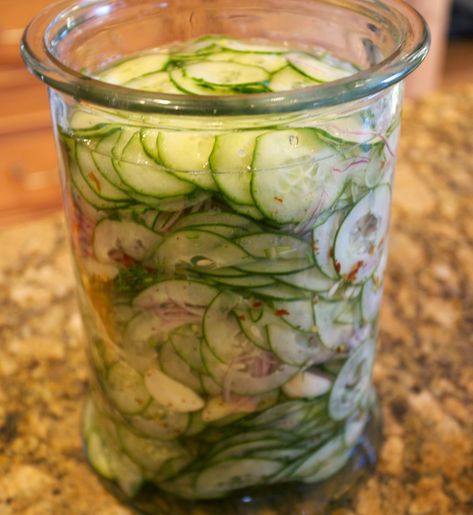 Refrigerator Cucumber Salad Refrigerator Cucumber Salad, Refrigerator Cucumbers, Refrigerator Salads, Garden Preserving, Vinegar Cucumbers, Fit Foods, Summer Foods, Weekly Meals, Autoimmune Paleo