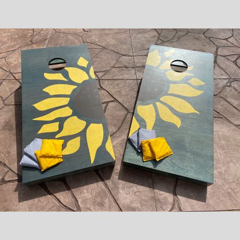 Cornhole Boards Diy Designs, Flower Corn Hole Boards, Sunflower Cornhole Boards, Auburn Cornhole Boards, Corn Hole Boards Designs Mountains, Ou Cornhole Boards, Diy Cornhole Boards, Fall Party, Yard Design