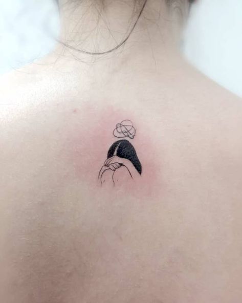 I think too much_small meaningful nape tattoo by @jess.tattoo- small meaningful tattoos Tattoos For People Who Care Too Much, Small Line Art Tattoos Meaningful, Interesting Small Tattoos, Introverted Tattoo Ideas, Tattoo For Insecurity, Over Thinking Tattoos, Tattoos For Quiet People, Tattoos Lonliness Ideas, I Think Too Much Tattoo