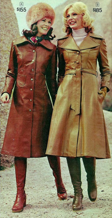 Sears, Fall/Winter 1975 Source: Flickr 70s Winter Fashion, Retro Dress 70s, Trent Coat, Leather Coat Womens, 60s 70s Fashion, 60s And 70s Fashion, Lauren Hutton, 70s Outfits, Long Leather Coat