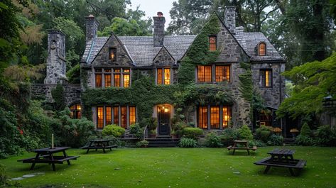 "Enchanting Stone Mansion: This enchanting #architecture, illuminated warmly, sits surrounded by lush greenery and serene picnic benches. #luxuryliving #artificialintelligence #digitalart #exterior #nature #landscapedesign #outdoorliving ⬇️ Download and 📝 Prompt 👉 https://stockcake.com/i/enchanting-stone-mansion_1053459_1109649". Stone Victorian Mansion, Picnic Benches, Beach Glow, Stone Mansion, Victorian Mansion, Picnic Bench, House Landscaping, Victorian Mansions, House Landscape