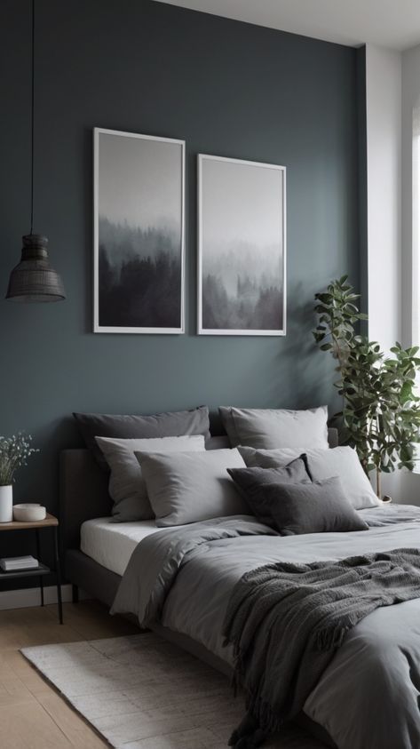 Dark Ikea Bedroom, Grey Blue Bedroom Walls, Mens Bedroom Ideas Masculine Interior Small Spaces, Slate Grey Bedroom, Black White And Grey Bedroom Ideas Decor, Master Bedrooms Grey, Smoky Blue Bedroom, Dark Doors Interior, Dark Grey Room Ideas Bedroom