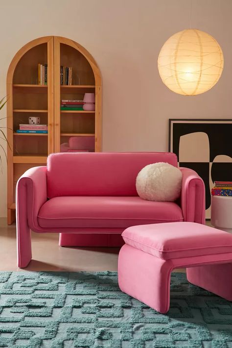 Chairs + Seating | Urban Outfitters Cute Seating Area, Cute Pink Chair, Pink Chair Aesthetic, Pretty Office Chair, Pink Leather Couch, Urban Outfitters Living Room, Urban Outfitters Aesthetic, Urban Outfitters Furniture, Velvet Settee