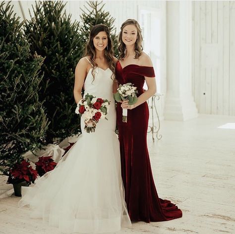 Love the Christmas theme; trees, poinsettias, red velvet long bridesmaid dress Red Bridesmaid Dresses Christmas, Wine Velvet Bridesmaid Dress, Deep Red Velvet Bridesmaid Dress, Red Velvet Bridesmaid Dresses Winter, Velvet Burgundy Bridesmaid Dress, Velvet Red Bridesmaid Dress, Maroon Velvet Bridesmaid Dresses, December Bridesmaid Dresses, Velvet Bridesmaid Dresses Winter