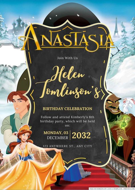 Nice 22+ Anastasia Canva Birthday Invitation Templates Are you a fan of the classic animated movie, Anastasia? Then you'll love these stunning birthday invitations inspired by the beloved film. Featuring beautiful artwork and a playful design, these invit... Creative Birthday Invitations, Sweet 16 Party Themes, Movie Night Birthday, Royal Invitation, Sweet 16 Themes, Movie Themed Party, Modern Birthday, Invitation Design Template, Free Invitation Templates