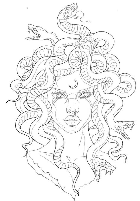 Tattoo Stencils Medusa, Medusa Face Drawing, Fine Line Madussa Tattoo, Easy Medusa Drawing, Medusa Coloring Page, Madussa Drawings, Black Medusa Tattoo Design, Medusa Sketch Drawing, Medusa Outline Tattoo