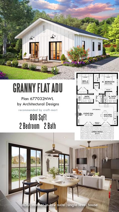 This simple yet spacious floor plan gives you plenty of options for a comfortable ADU, backyard rental, downsizing, or a small vacation home. With an open-concept living area and two bedrooms with separate bathrooms, there is enough room for a couple of retirees or a small family. Also, 2 sets of French doors connect the living area with an open patio. Granny Flat Living Room, Add On Apartment To House, Family Cottage Floor Plans, Tiny House Two Bedroom Floor Plans, Small Home Floor Plans Open Concept, Two Bedroom Cottage Plans Open Floor, Small Home Floor Plans 2 Bedroom, Pool House Floor Plan, Adu Plans Two Bedroom