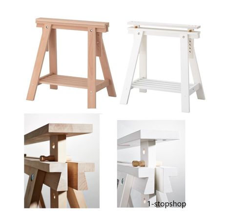 IKEA MITTBACK TRESTLE - WHITE / BIRCH MITTBACK trestle has a tilt function that helps you get the comfort you need to unleash your creativity when you work from home or enjoy a hobby. Solid wood is a durable natural material. You can choose a flat or tilted table top, which is good for writing, painting or drawing, by adjusting the trestle. Plenty of room on the shelf under the trestle for your printer, books or papers. That keeps your table top clear so you have more room to work. SIZE Width: 5 Ikea Mittback, Writing Painting, Adjustable Height Table, Trestle Table, White Birch, Wooden Stand, Natural Material, Sewing Room, Wood Pallets