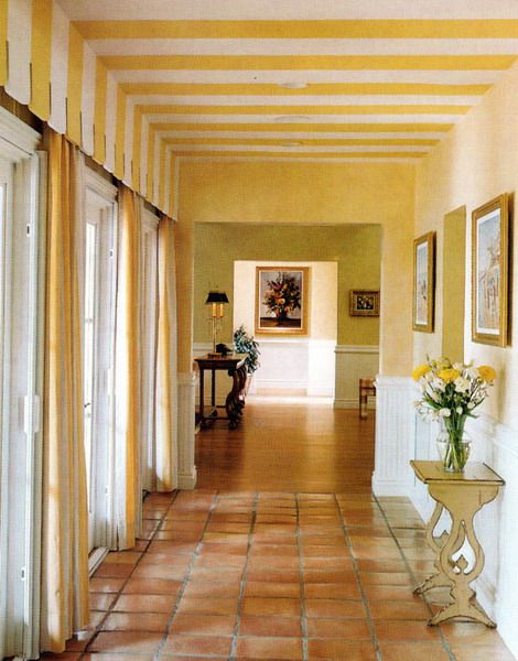 45 Cool Ideas To Decorate Your Ceilings With Stripes | Shelterness Stripes On Wall And Ceiling, Patterned Ceiling Painted, Painted Hall Ceiling, Stripes On Ceiling, Yellow Striped Wall, Hallway Painted Ceiling, Painted Ceiling Hallway, Striped Wallpaper Ceiling, Yellow Wallpaper Room