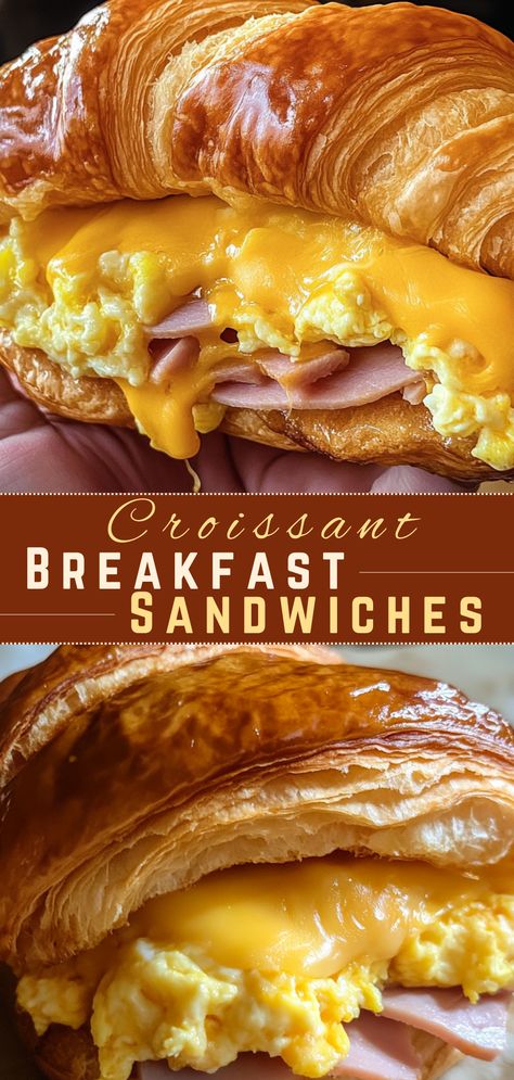 Gooey Cheesy Appetizers: Croissant Breakfast Sandwiches Meal Prep Breakfast Croissants, Croissant Recipe Sandwich, Ham And Egg Croissant Sandwich, Overnight Breakfast Sandwiches, Croissant Breakfast Sandwich Sausage, Premade Egg Sandwiches, French Toast Bacon Egg Sandwich, Make Ahead Breakfast Croissant, Making Eggs For Breakfast Sandwiches