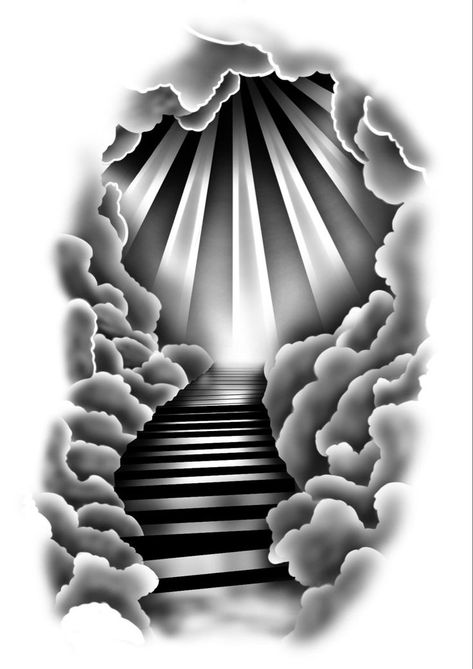 Stairway To Heaven Tattoo, Cloud Tattoo Design, Herren Hand Tattoos, Jesus Tattoo Design, 42 Tattoo, Ray Tattoo, Heaven Tattoos, Half Sleeve Tattoos Drawings, Tattoo Background