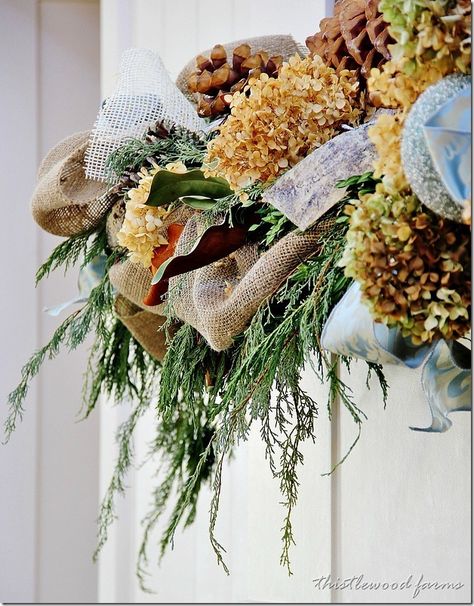 southern-living-idea-house-mantel Thistlewood Farms, Dried Hydrangeas, Holiday Giveaways, Southern Living Homes, Pine Cone Decorations, Christmas Mantel Decorations, Christmas Mantels, Holiday Inspiration, Christmas In July