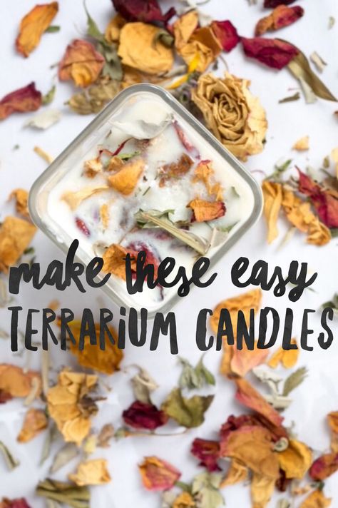 Easy & Gorgeous! Use dried flowers, garden smudge, or plants to make these… Diy Rose Candles, How To Make Candles With Dried Flowers, Easy Terrarium, Candles With Dried Flowers, Christmas Candle Crafts, Diy Candles With Flowers, Dried Flower Candles, Terrarium Candle, Floral Candles