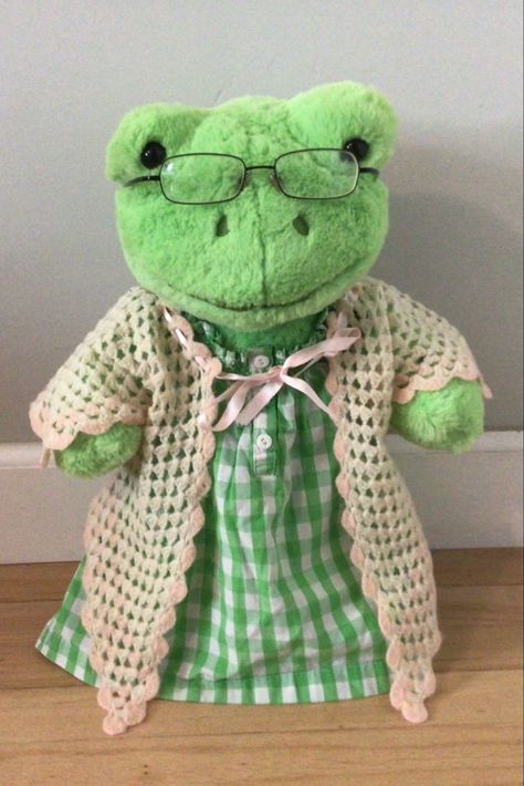 Purple Build A Bear Frog, Build A Bear Frog Outfits, Crochet Build A Bear Clothes, Build A Bear Frog Aesthetic, Bab Frogs, Build A Bear Frog, Grandma Outfit, Plush Clothes, Grandma Clothes