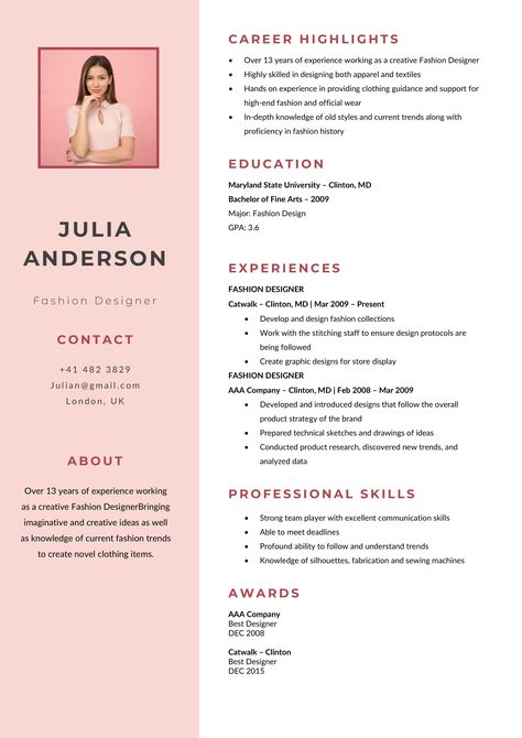 Fashion Designer Resume Format, Fashion Designing Resume, Fashion Designer Resume Template, Resume Format For Graphic Designer, Fashion Cv Template, Cv For Fashion Designer, Cute Resume Template, Fashion Resume Design, Resume Design Creative Professional