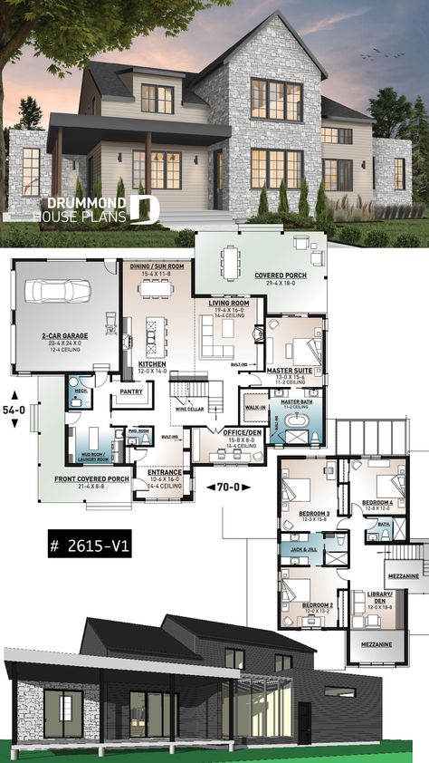 Modern farmhouse plan, 4 bedrooms, 3.5 baths, master suite on main floor, large terrace, pantry, fireplace Rustic Farmhouse Plans, Huge Pantry, Large Terrace, Farmhouse Architecture, Two Story House, Casas The Sims 4, Sims House Plans, Sims House Design, Farmhouse House