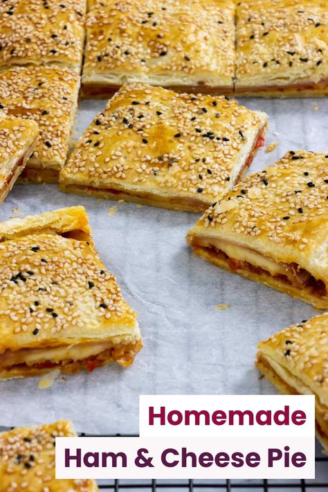 Your favourite Greek bakery delight. A delicious, flaky pie with ham and cheese baked in puff pastry. Puff Pastry Ham And Cheese, Ham And Cheese Baked, Ham And Cheese Pie, Homemade Ham, Cheesy Ham, Hand Pie, Cheese Baked, Ham And Eggs, Cheese Pie