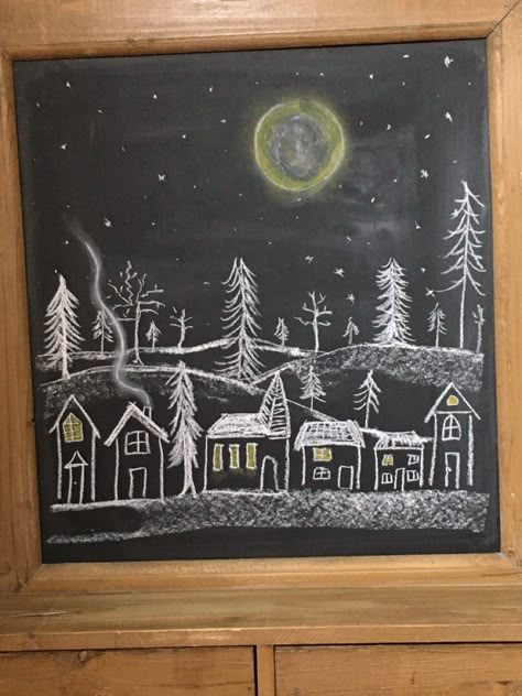 Christmas Village Chalkboard Art, Christmas Blackboard Ideas, Christmas Chalkboard Art Ideas, Chalkboard Drawing Ideas, Christmas Blackboard, Christmas Chalkboard Ideas, Chalk Art Christmas, Christmas Chalk Art, Waldorf Chalkboard Drawings