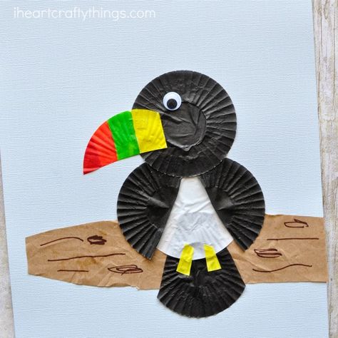 Toucan Craft, Vbs Shipwrecked, Rainforest Crafts, Shipwrecked Vbs, Parrot Craft, Cupcake Liner Crafts, Rainforest Birds, Crab Crafts, Crafts Summer