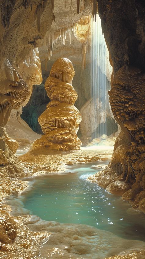 Natural Cave System with Walls, Floor, and Ceiling Composed of Gold Magic Cave Concept Art, Fantasy Crystal Cave, Cave With Crystals, Cave Palace, Caves Aesthetic, Weird Landscapes, Caves Art, Stalactite Cave, Magical Cave