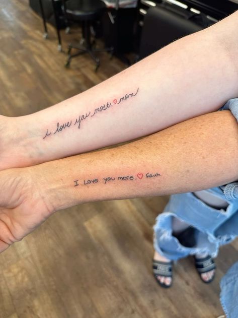 Tattoos For Mom And Daughter Matching, Tattoo Ideas Matching Mom And Daughter, Cute Matching Tattoos For Daughter And Dad, You Gave Me Life Tattoo, Parents Matching Tattoos, Matching Wrist Tattoos Mother Daughters, I Love You More I Love You Most Tattoo, Matching Parent Tattoos, Dad And Daughters Tattoo Ideas