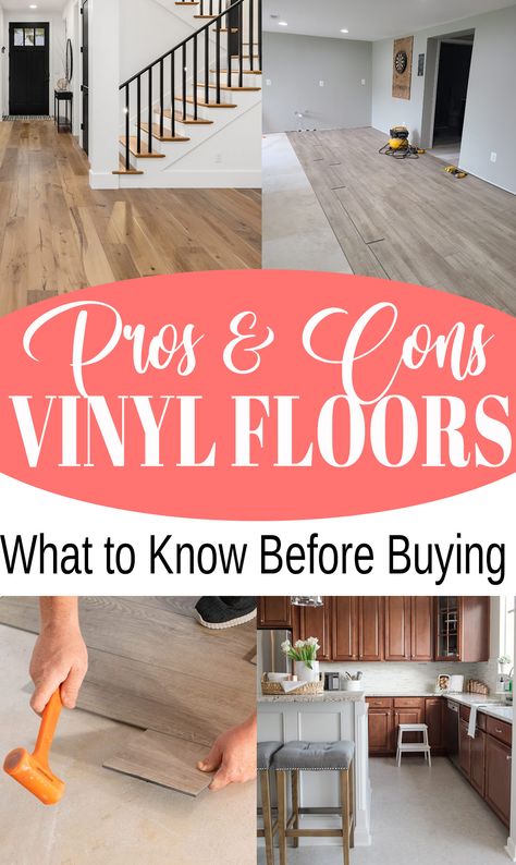 Collage of vinyl flooring options including stone, wood plank, and a man installing flooring. Vinyl Roll Flooring Ideas, Flooring Types Pros And Cons, Vinyl Flooring That Looks Like Wood, Pvc Flooring Ideas, Vinyl Flooring For Basement, Vinyl Roll Flooring, Vinyl Flooring Ideas, Installing Vinyl Plank Flooring, Cheap Vinyl Flooring