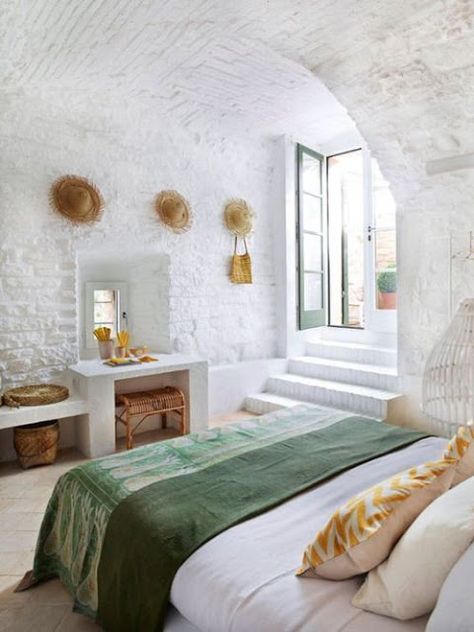 Rooms of Inspiration: Relaxing White Bedroom with Stone Walls #bedroom #bedroomdecor #bedroomdesign #interiordesign #interior #design #homedecor #home #dreamhome Mediterranean Bedroom, Dwelling Place, Stone Floors, Dekorasi Kamar Tidur, Mediterranean Decor, Brick Walls, Mediterranean Homes, 인테리어 디자인, تصميم داخلي