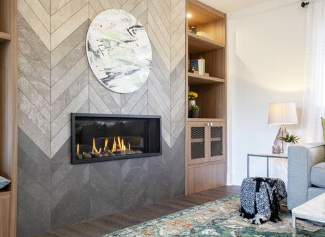 Herringbone Fireplace, Small Fireplace, Wood Mantels, Contemporary Fireplace, Home Fireplace, Fireplace Tile, Building Ideas, Fireplace Wall, Home Trends