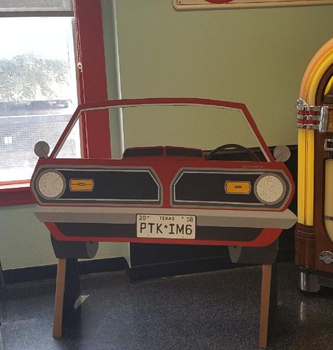 '69 Plymouth Barracuda car photo prop my husband made for our son's car themed birthday party. Dukes Of Hazzard Birthday Party, Mechanic Birthday Party Ideas, Mechanics Birthday Party, Mechanics Birthday, Car Themed Parties, Car Birthday Theme, Race Car Birthday Party, Cars Theme Birthday Party, Truck Party