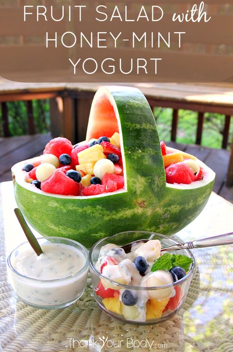 Try this luscious fruit salad drizzled with refreshing honey-mint yogurt! Make it fancy in a watermelon basket. Mint Fruit Salad, Fruit Basket Watermelon, Fruit Salad Decoration, Salad Decoration Ideas, Fruit Salad With Marshmallows, Watermelon Basket, Salad Decoration, Dressing For Fruit Salad, Mint Yogurt