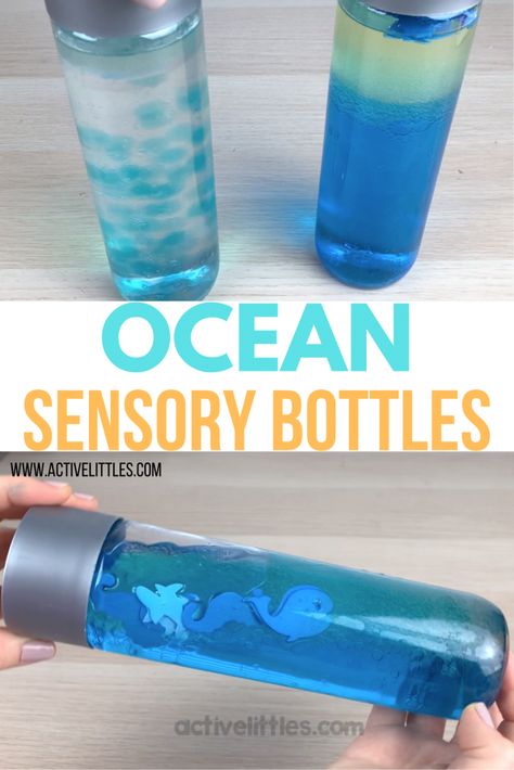 Sensory bottle with olive oil Summer Sensory Activities, Sensory Bottles Preschool, Sensory Activities For Toddlers, Summer Sensory, Theme For Preschool, Ocean Sensory, Sensory Water, Water Bottle Crafts, Stem Experiments