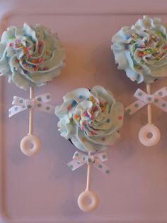 Cupcakes made for a new baby! Thanks to CC member... Baby Rattle Cupcakes, Baby Shower Cupcake Cake, Girl Shower Cake, Cupcakes Baby Shower, Cupcakes For Boys, Baby Shower Cakes Girl, Baby Shower Treats, Shower Desserts, Cute Ideas