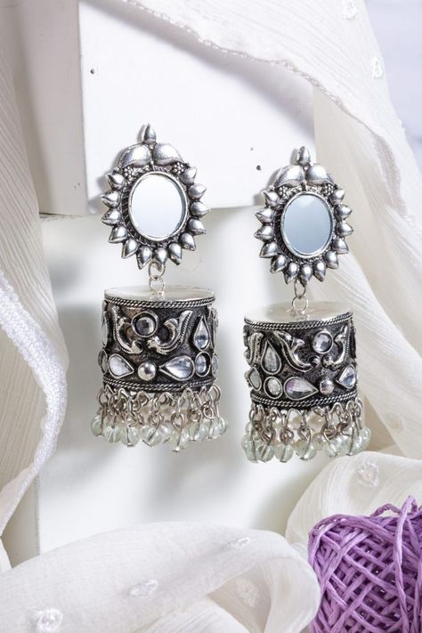 Mirror Jhumka, Oxidised Jewelry, Trendy Silver Jewelry, Terracotta Jewellery Designs, Oxidised Earrings, Oxidised Silver Jewelry, Silver Jewelry Accessories, Designers Jewelry Collection, Pretty Jewelry Necklaces