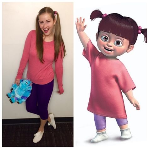 Easy Halloween costume boo from monsters inc Movie Character Costumes Spirit Week, Easy Movie Character Costumes, Easy Character Costumes, Monster Costume Diy, Monsters Costumes, Monsters Inc Halloween Costumes, Movie Themed Costumes, Easy Disney Costumes, Boo From Monsters Inc