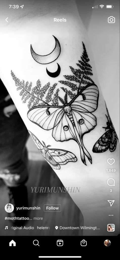 Luna Moth Wrist Tattoo, Lunar Moth Tattoo Moon Phases, Luna Moth And Flowers Tattoo, Moth With Moon Phases Tattoo, Abstract Luna Moth Tattoo, Witchy Sleeve, Black And Grey Luna Moth Tattoo, Black And White Luna Moth Tattoo, Luna Moth Tattoo