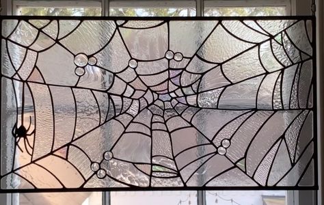 Diy Spiderweb, Halloween Stained Glass Window, Goth Stained Glass Windows, Stained Glass Spiderweb, Spider Stained Glass Pattern, Goth Stained Glass Art, Cobweb Stained Glass Window, Dark Home Aesthetic, Stained Glass Panels Goth