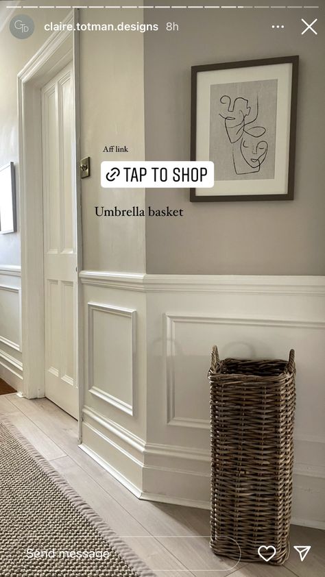 White Paneling Hallway, White Panelling Dark Walls, French Grey Panelling, Half Paneled Walls Hallway, Panelled Walls Hallway Entryway, White Panelling Beige Walls, White Panelling Hallway, High Panelling Living Room, Small Hallway Panelling