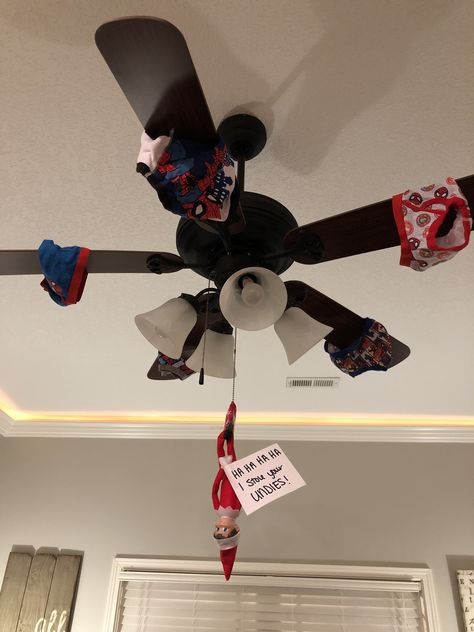 Elf Ceiling Fan, Elf Hanging From Ceiling Fan, Elf On The Shelf Ceiling Fan, Elf On The Shelf Ceiling, Sealing Fan, Cieling Fans, Elf Ideas Easy, Elf Ideas, Elf On The Shelf Ideas