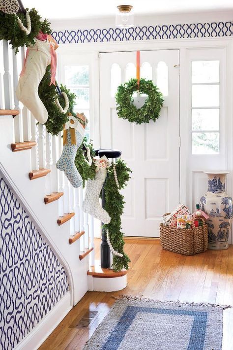 Christmas-home-entryway-decorations, simple, garland, natural beads, wreath on inside of door, stockings, stairs Small Boxwood Wreath, Christmas Foyer, Foyer Decorating, Indoor Christmas Decorations, Indoor Christmas, Pencil And Paper, Holiday Colors, Décor Diy, Simple Decor