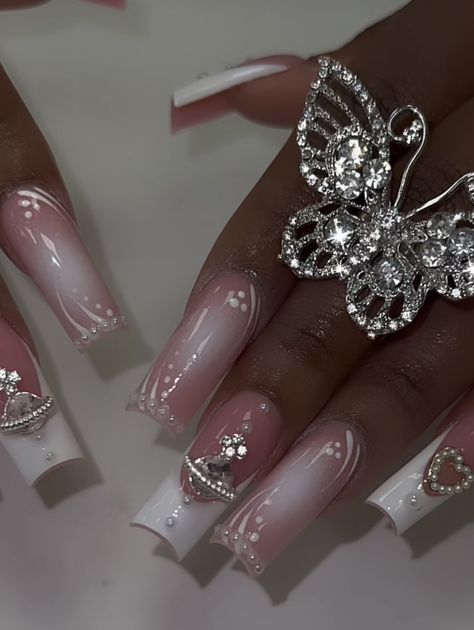 Pink And Silver Nail Designs, Winter Nails Square Short, Sienna Core, Nail Shades, Silver Nail Designs, Junior Prom, Girl Nails, Nails Design With Rhinestones, Cute Acrylic Nail Designs