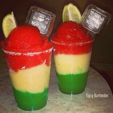 STOPLIGHT MARGARITA Green Layer Lime Magarita Mix Tequila Blend Yellow Layer Mango Margarita Mix Tequila Blend Red Layer Strawberry Margarita Mix Tequila  Blend Lime Garnish Mini Patron Bottle  Salt Jello Shot, Mango Margarita, Candy Drinks, Tipsy Bartender, Liquor Drinks, Jello Shots, Pretty Drinks, Margarita Recipes, Alcohol Drink Recipes