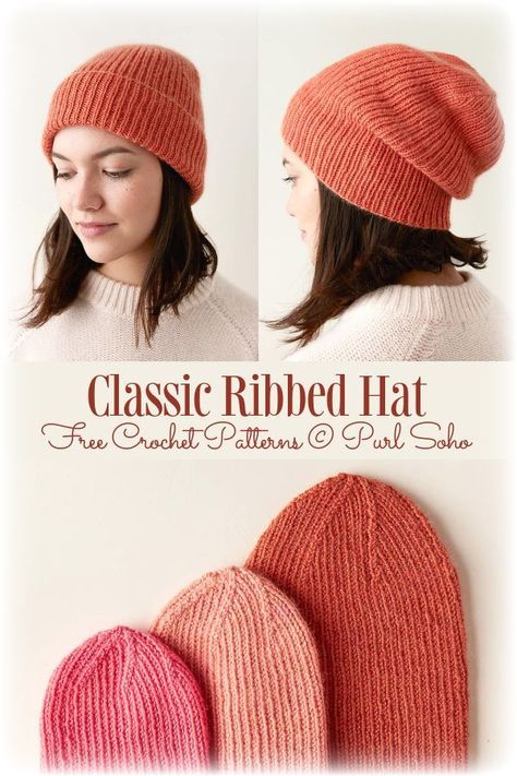 Classic Ribbed Hat Knitting Pattern, Free Ribbed Hat Knitting Pattern, Knitted Hats Adults, Knit Hat Women, Knitted Rib Hat Pattern, Hat Knitting Patterns Free Women, Knit Hat Pattern Worsted, Simple Knitted Beanie Pattern Free, Knitted Ribbed Hat Pattern Free