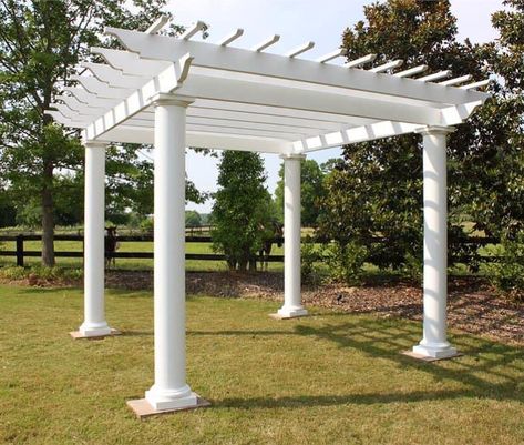 Fiberglass pergola with round columns Attached Pergola, White Pergola, Round Column, Cheap Pergola, Retractable Pergola, Building A Pergola, Pergola Attached To House, Pergola Canopy, Wooden Pergola