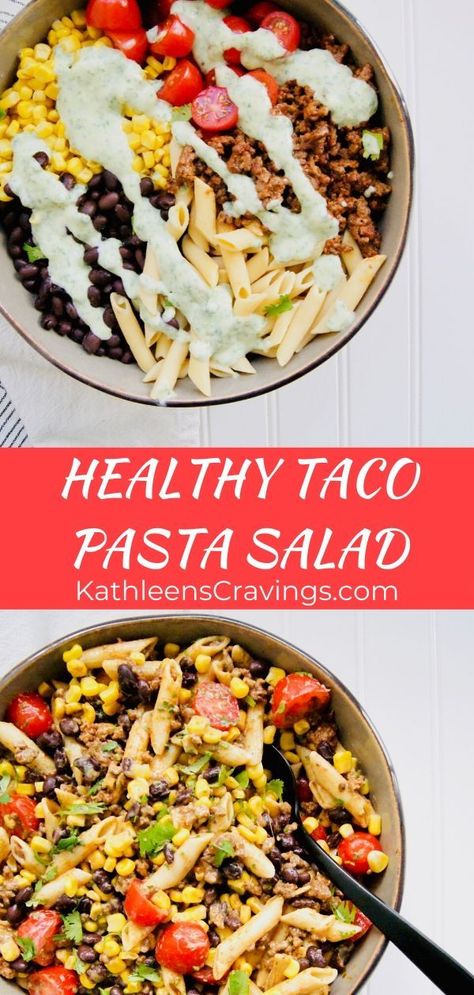 Filling Pasta Salad, Healthy Taco Pasta, Cilantro Dressing Recipe, Avocado Cilantro Dressing, Creamy Pasta Salad, Banza Pasta, Healthy Pasta Salad Recipes, Taco Pasta Salad, Healthy Taco