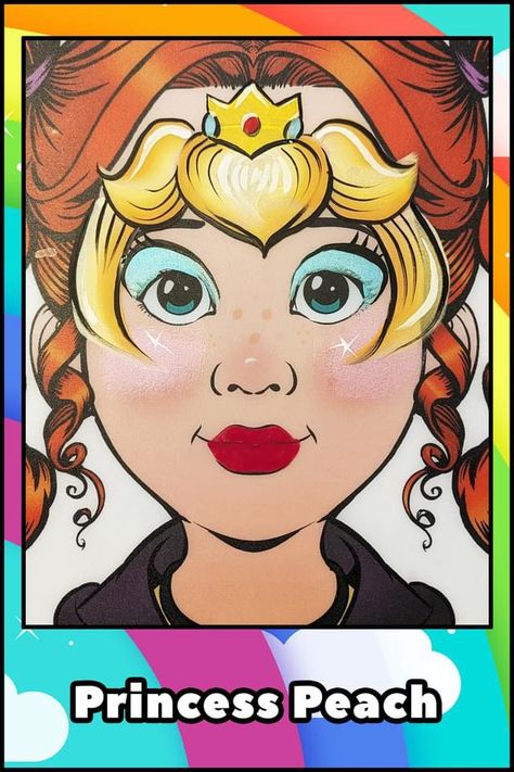 Cartoon Face Painting, Princess Peach Face Paint, Bowser Face Paint, Mario Face Paint, Princess Peach Halloween, Mario Face, Face Paint Party, Superhero Face Painting, Peach Mario Bros