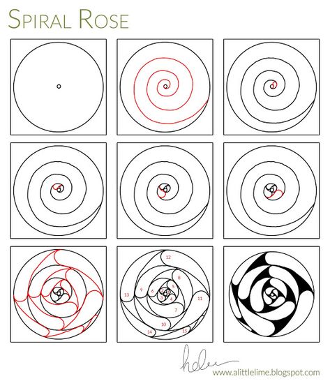 Spiral Rose - PATTERN & VIDEO Tangle Patterns Step By Step, Spiral Drawing, Helen Williams, Zentangle Flowers, Zen Doodle Patterns, Zentangle Tutorial, Zentangle Artwork, Tangle Pattern, Tangle Doodle