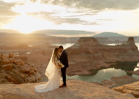 Lake powell bridals utah bride groom wedding destination wedding lookout sunrise aesthetic Lake Powell Wedding, Sunrise Aesthetic, Utah Bride, Salon Owners, Lake Powell, Bridal Veils, Bridal Salon, Modern Bridal, Wedding Destination