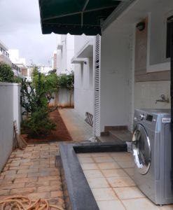 Outside Laundry Room Ideas, Outside Washer And Dryer Ideas, Outdoor Laundry Area Patio, Laundry Room Outside, Outside Laundry, Outside Laundry Room, Outdoor Laundry Area, Outside Ideas, Blue Powder Rooms