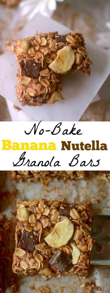 These No-Bake Nutella Banana Granola bars are the perfect on the go-snack for your busy day!  Made simple with only a few ingredients + gluten-free and vegan-friendly! Nutella No Bake, Banana Granola Bars, Carb Free Snacks, Bake Granola Bars, No Bake Granola, Banana Granola, Flapjack Recipe, No Bake Granola Bars, Baked Granola