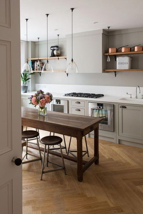 I love the use of antique tables in the kitchen - old enough so you won't mind if it's scratched! #kitchenrenovation #kitchen #home #improvements #antique #Victorian #kitchendesign Antique Tables, Kitchen Company, Kitchen Design Trends, Shaker Kitchen, Kitchen Trends, Kitchen Chairs, Kitchen Layout, Küchen Design, Kitchen Style